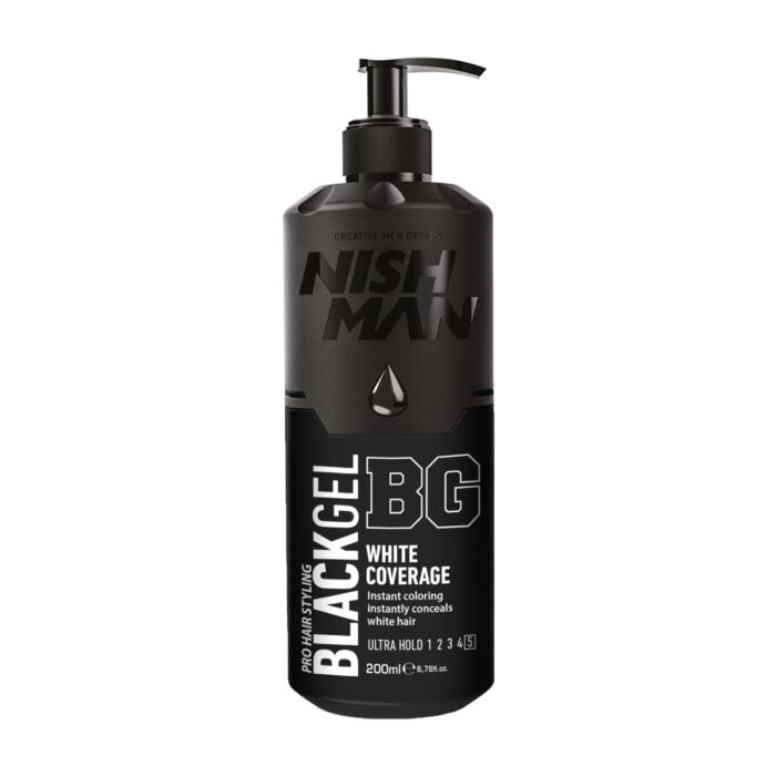 Nishman Ultra Hold Hair Styling Black Gel – White Coverage (Black Gel with Pump 200 ml) - Image 1
